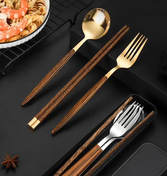 Stainless Steel Utensil Set with Wooden Handles – Modern Elegance for Every Meal