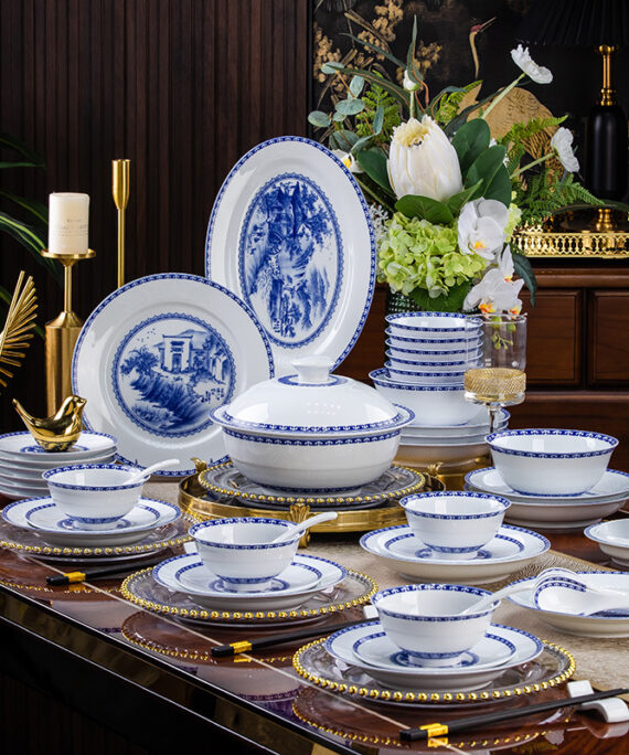 Jingdezhen ceramic tableware set, high white porcelain and blue and white porcelain bowls and plates