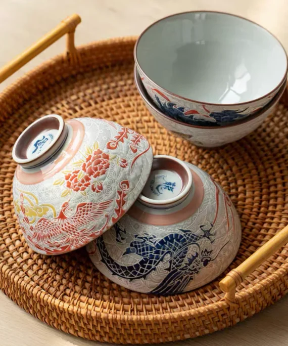 Handmade Mino Yaki Rice Bowl: Dragon & Phoenix Design